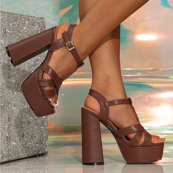 Women's High-Heel Thick Sole Sandals, White/ Brown/ Black, Holiday Style, Roman - Picture 2 of 4